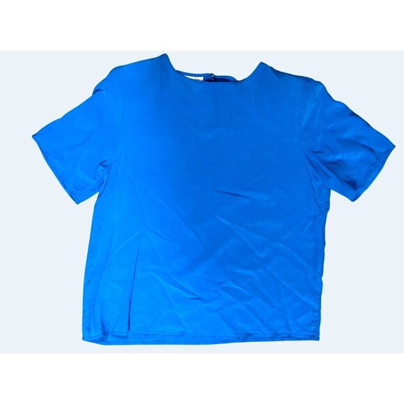Tess Vintage M Cobalt Blue Silk Short Sleeve Blouse Minimalist Office Summer Top - Picture 9 of 9